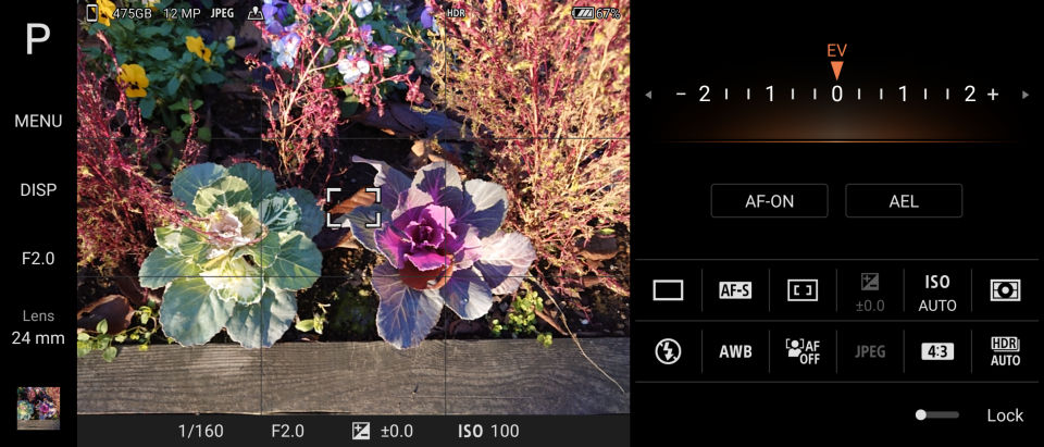カメラアプリ「Photography Pro」のファインダーと操作パネル